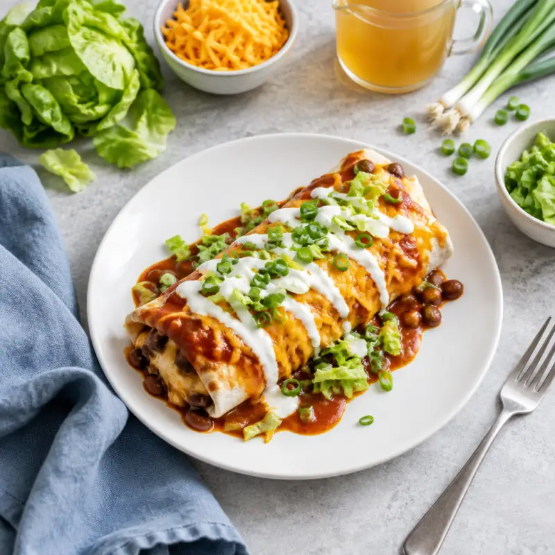 Smothered Cheesy Bean Burrito with Enchilada Sauce & Lime Crema, plated