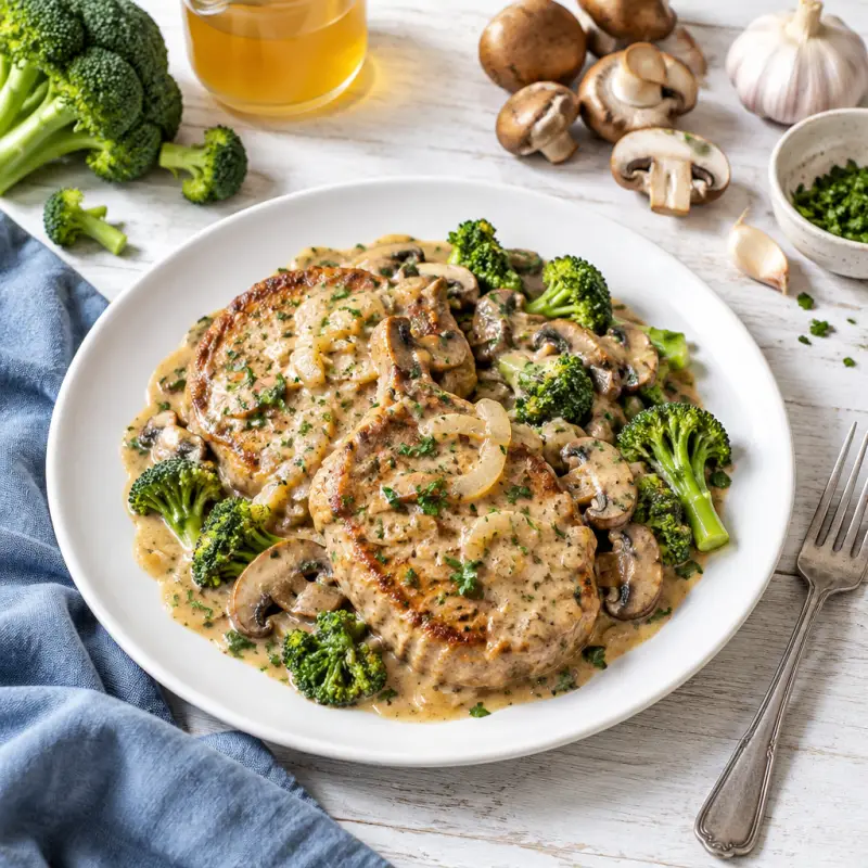 Smothered Pork Chops in Creamy Onion Gravy with Broccoli & Mushrooms, plated