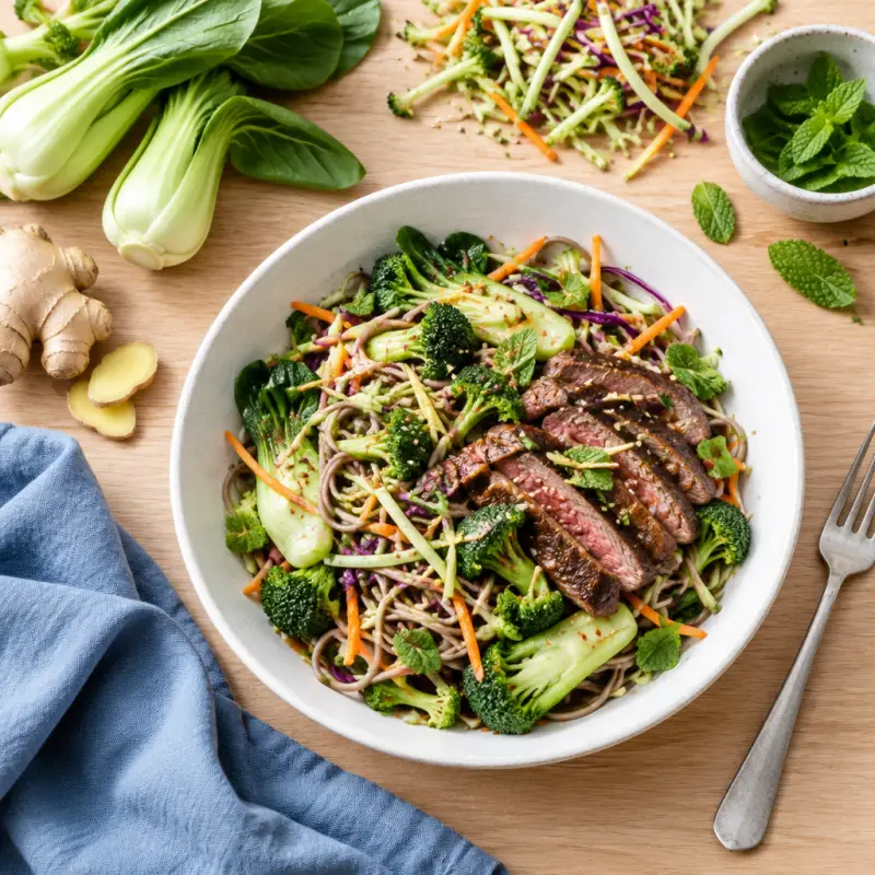 Soba Noodle Salad Bowl with Steak, Bok Choy, Broccoli Slaw & Ginger, plated