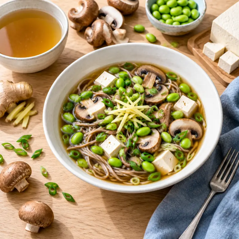 Soba Noodle Soup with Tofu, Edamame, Mushroom, Green Onion & Ginger, plated