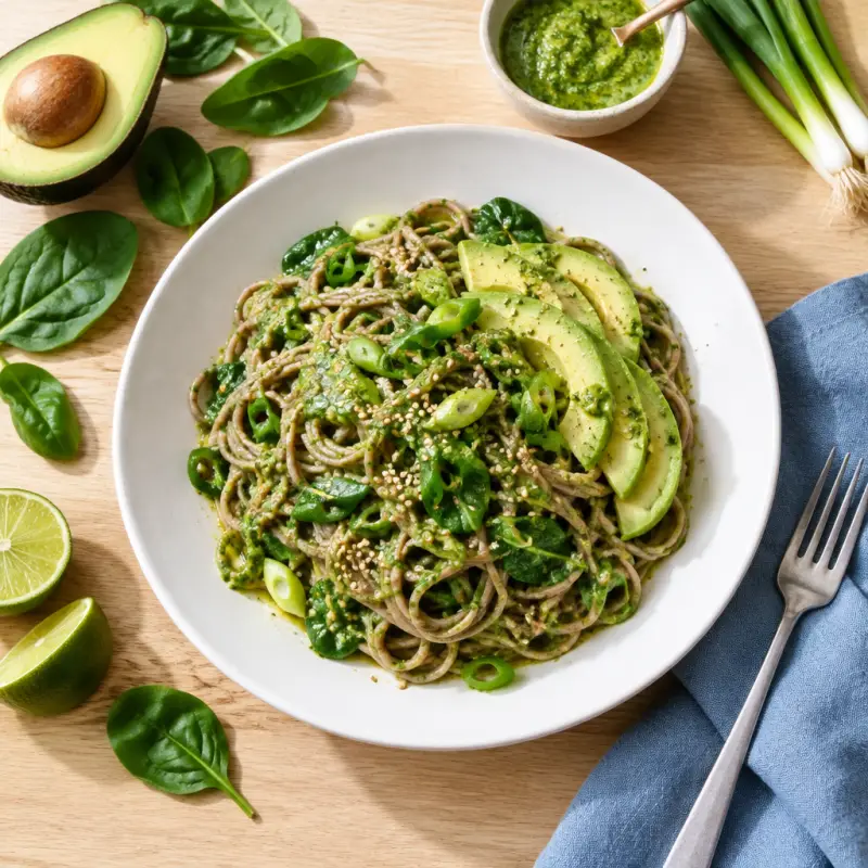 Soba Noodles with Garlicky Green Sauce, Scallion Oil & Avocado, plated