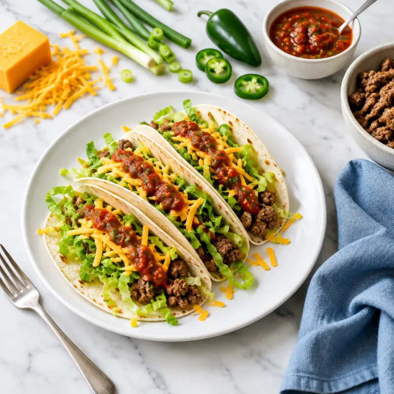 Soft Beef Tacos with Shredded Romaine, Cheddar & Spicy Salsa, plated