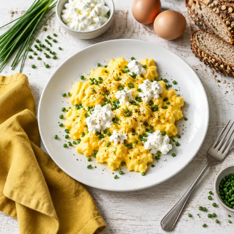 Soft Scrambled Eggs with Chives & Fresh Ricotta, plated