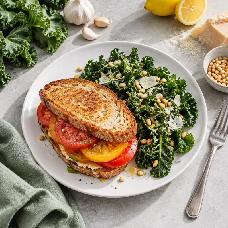 Southern-Style Tomato Sandwich with Parmesan & Pine Nut Kale Salad, plated