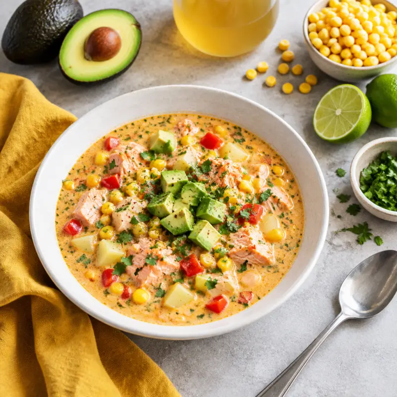 Southwest Salmon Chowder with Potato, Corn, Bell Pepper & Avocado, plated