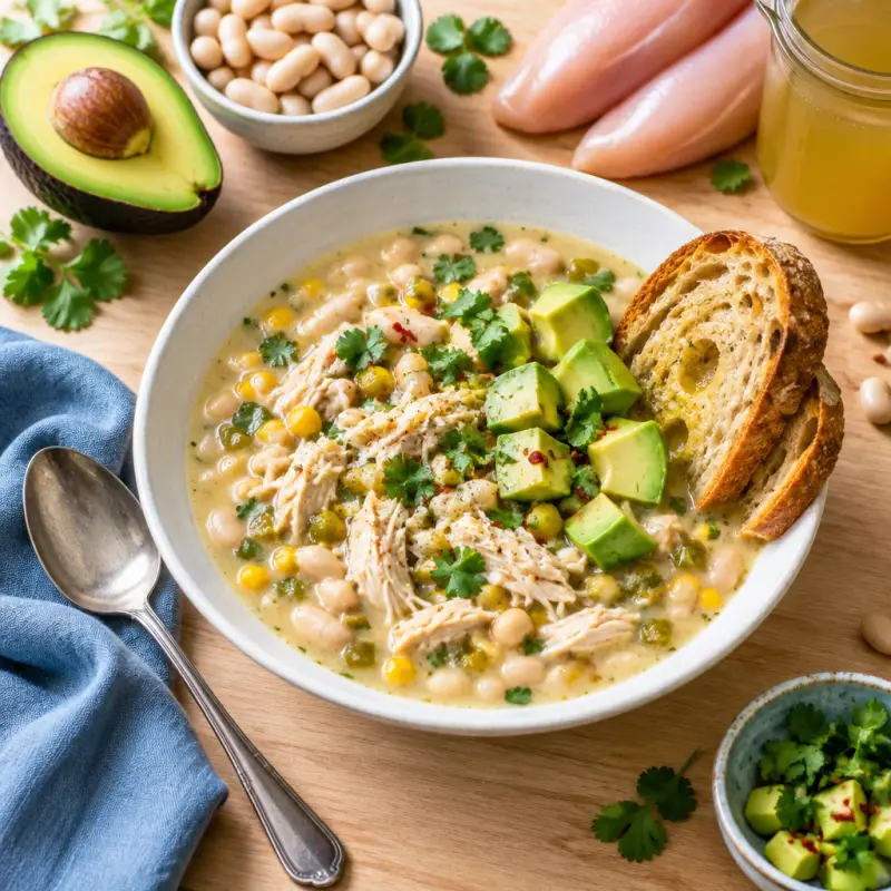 Southwest White Chicken Chili with Avocado & Crusty Bread, plated