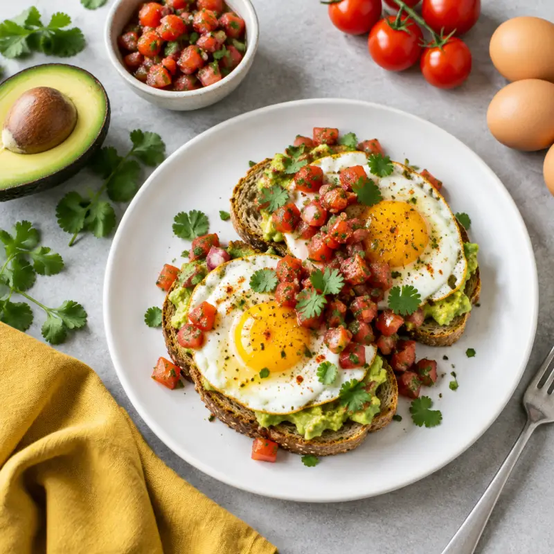Southwestern Avocado Toast with Eggs & Salsa, plated