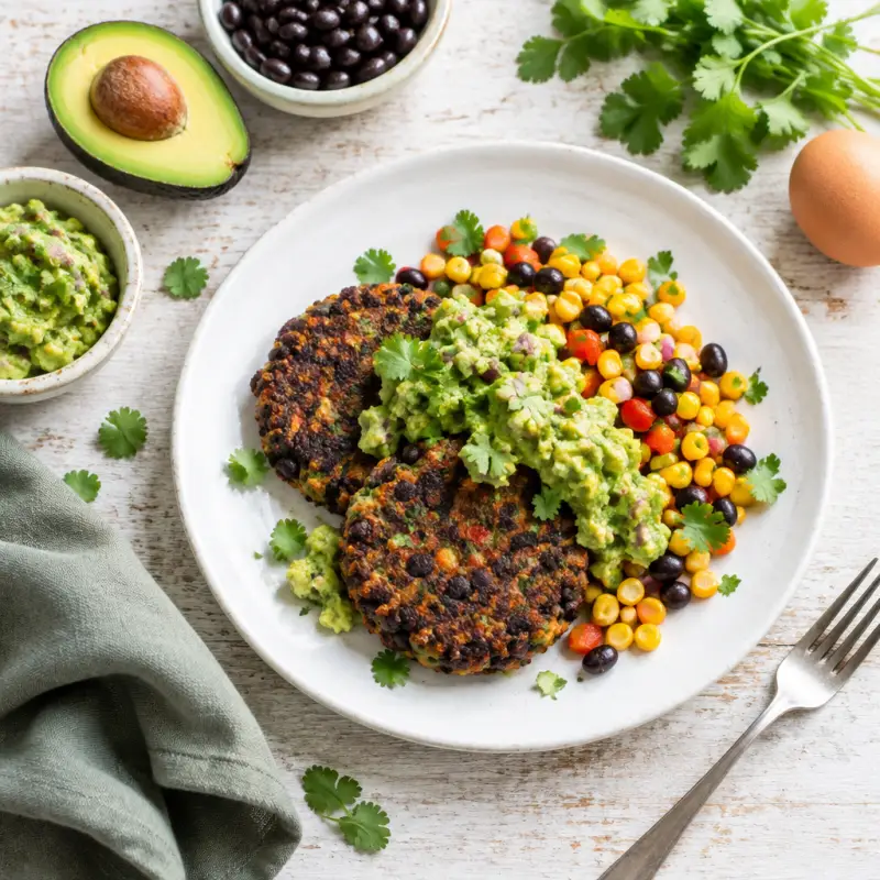 Southwestern Black Bean Cakes with Guacamole & Corn, plated
