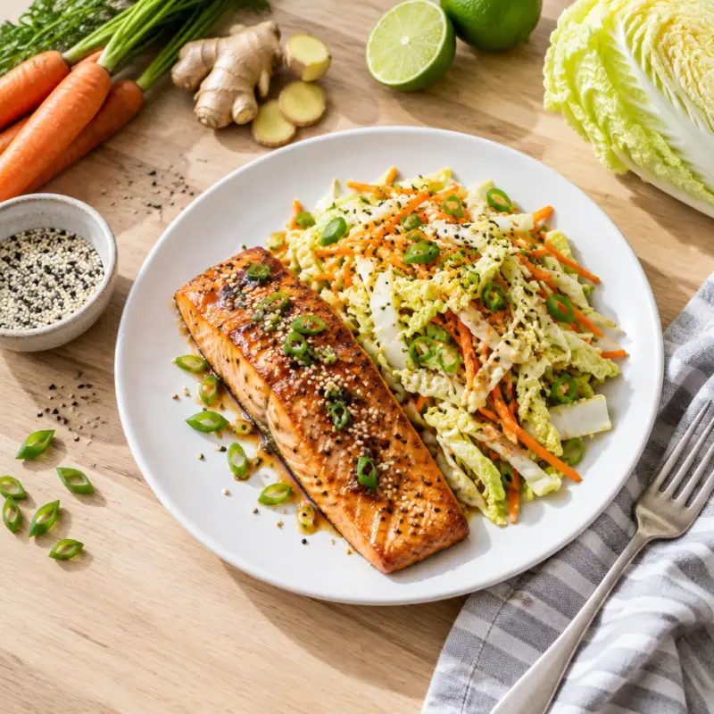 Soy-Ginger Salmon with Sesame Napa Cabbage Slaw, plated