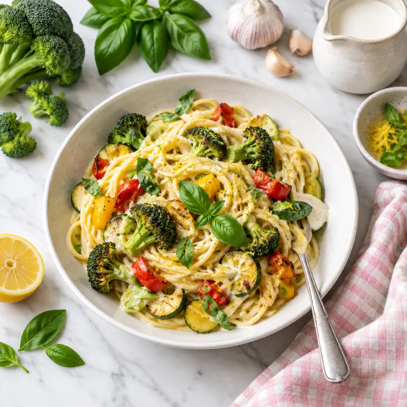 Spaghetti al Limone (Lemon Pasta) with Basil & Garlic-Roasted Veggies, plated