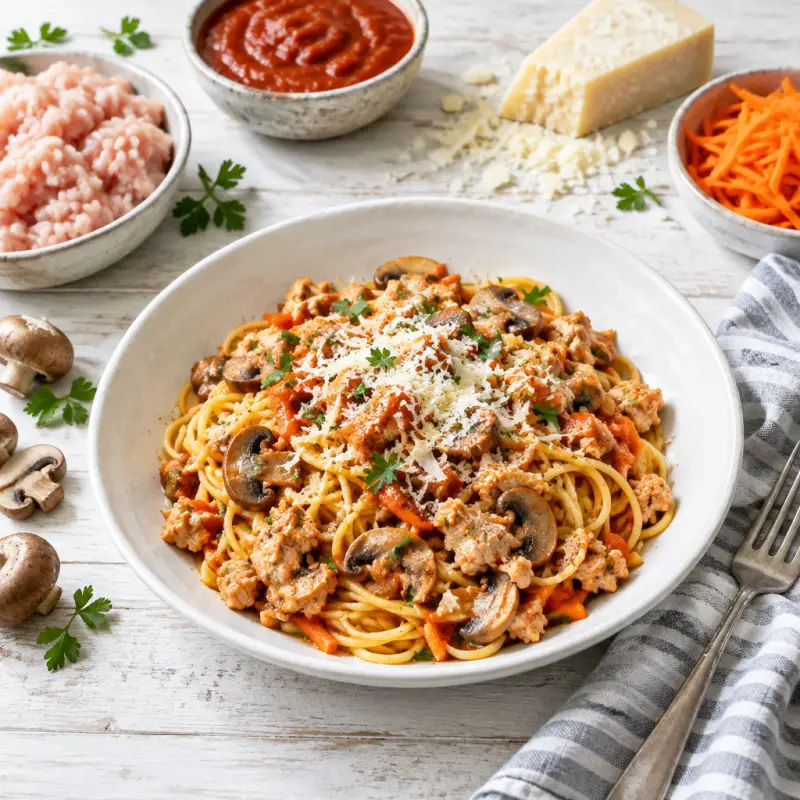 Spaghetti Bolognese with Chicken, Mushrooms, Carrots & Parmesan, plated