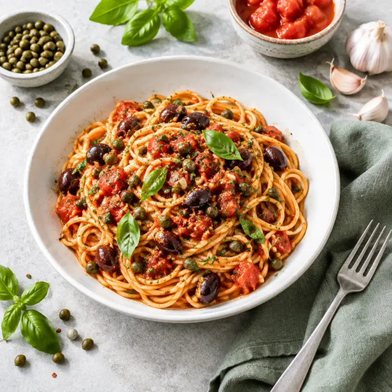 Spaghetti Puttanesca, plated