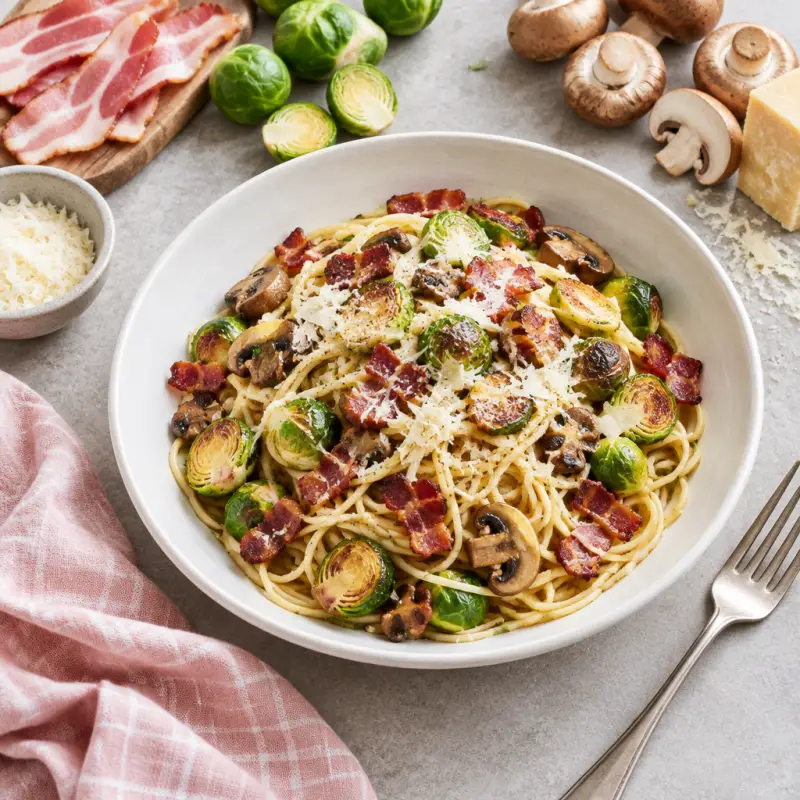 Spaghetti with Roasted Bacon, Brussels Sprouts, Mushrooms & Parmesan, plated