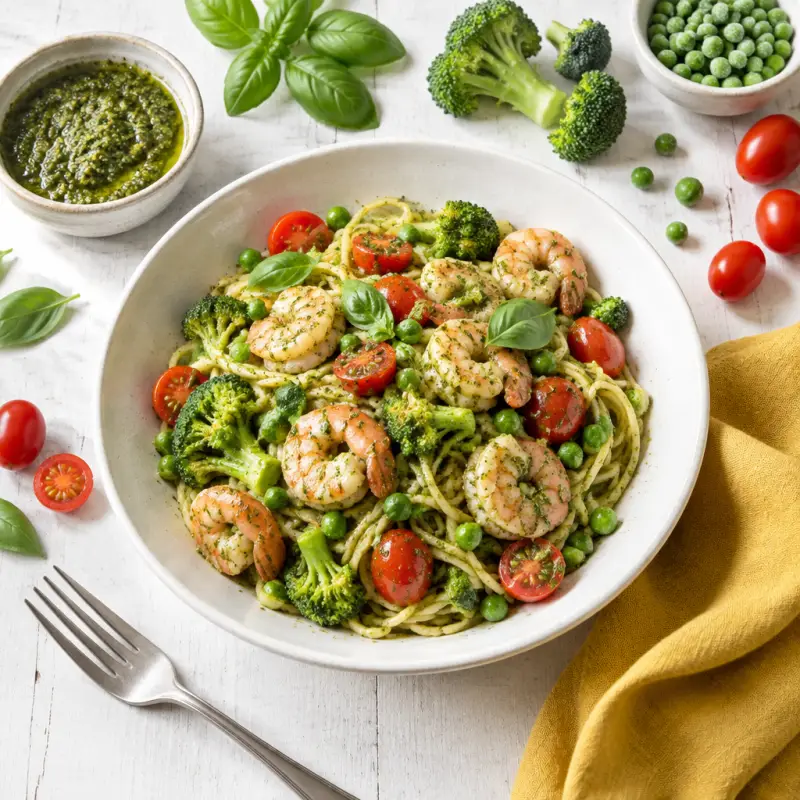 Spaghetti with Shrimp, Grape Tomatoes, Broccoli, Peas & Basil Pesto, plated