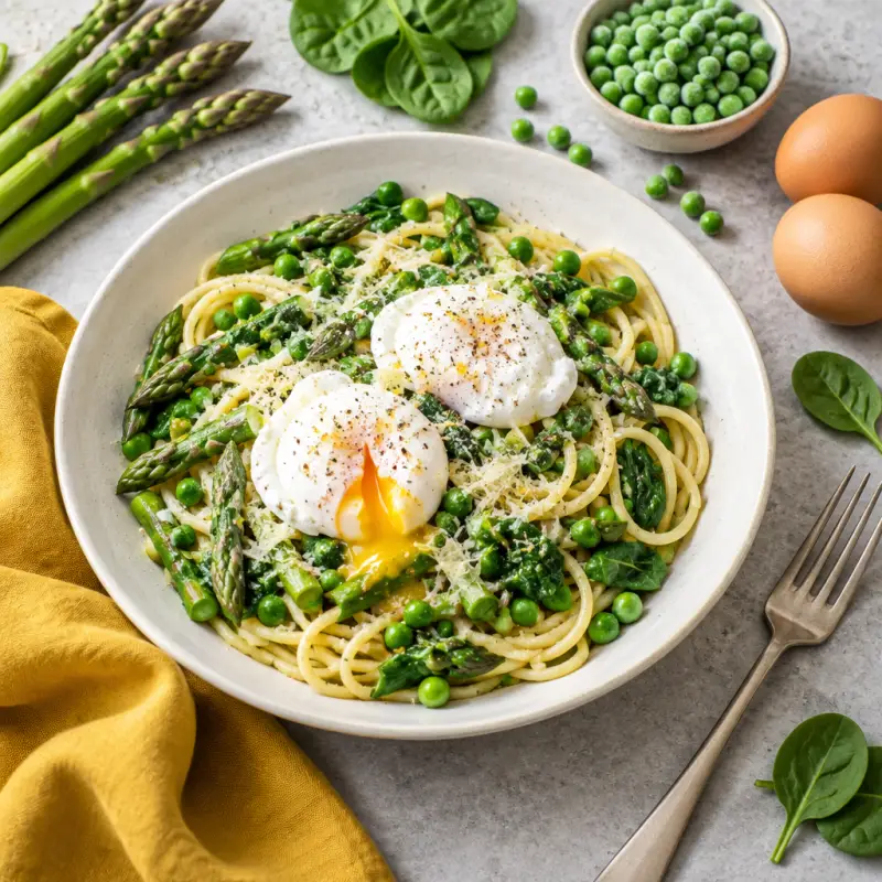 Spaghetti with Spinach, Peas, Asparagus, Poached Eggs & Parmesan, plated