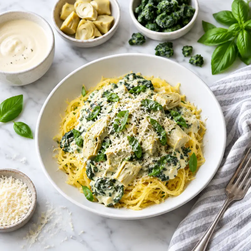 Spaghetti Squash with Creamy Spinach-Artichoke Sauce, Basil & Parmesan, plated