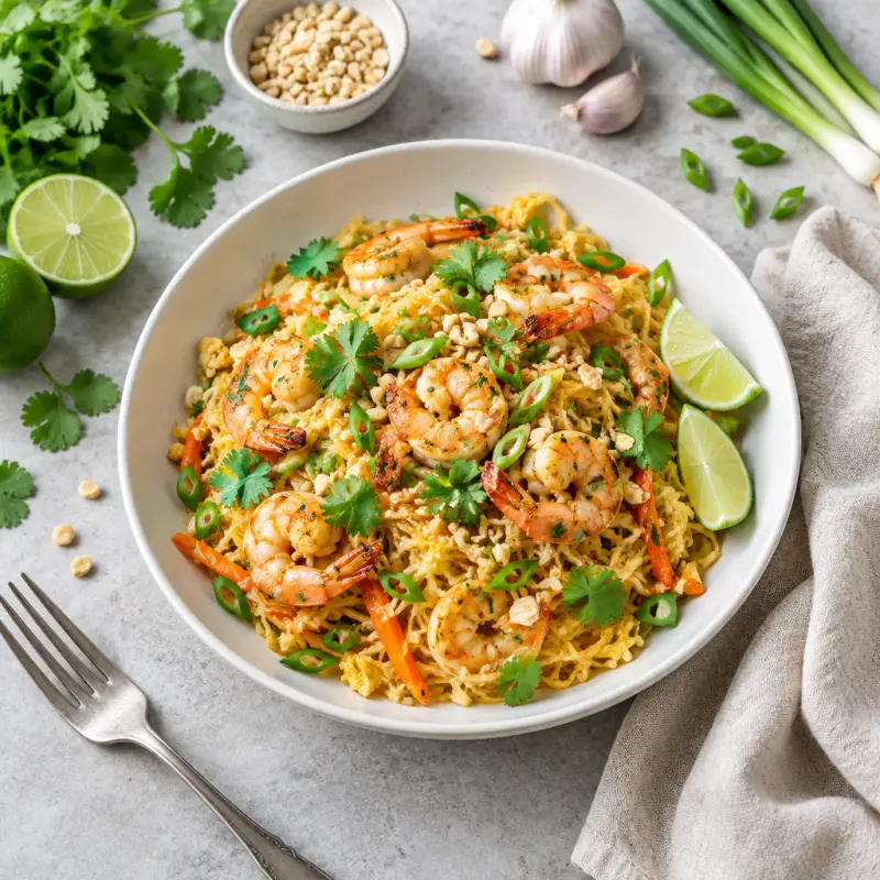 Spaghetti Squash "Pad Thai" with Shrimp, plated