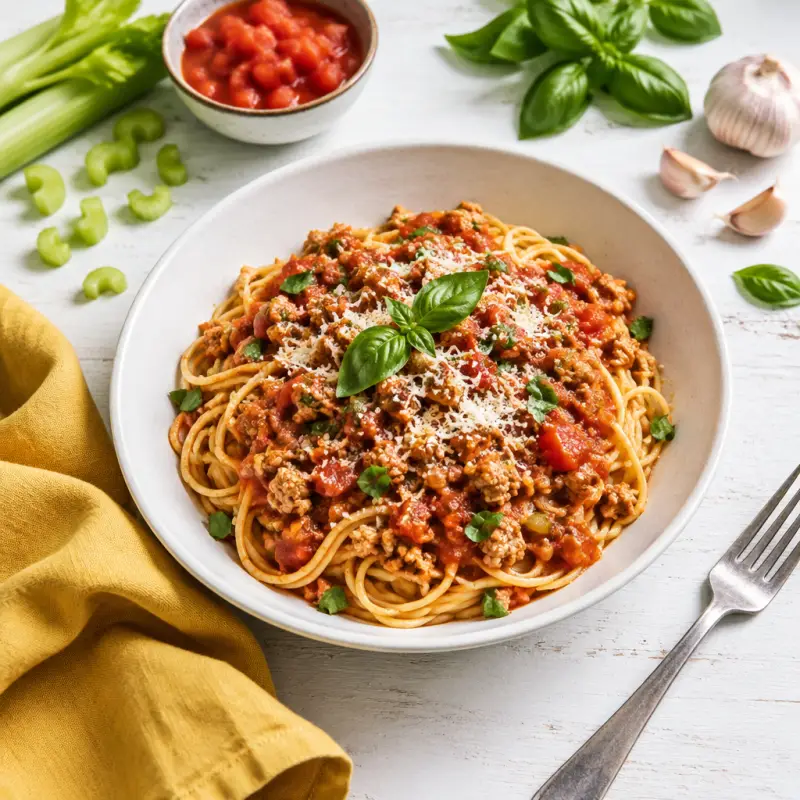 Spaghetti with Turkey Bolognese, plated
