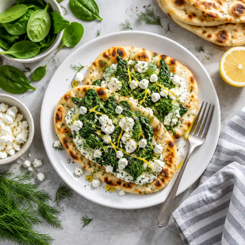 Spanakopita-Inspired Flatbread with Creamy Feta, Spinach, Lemon & Dill, plated