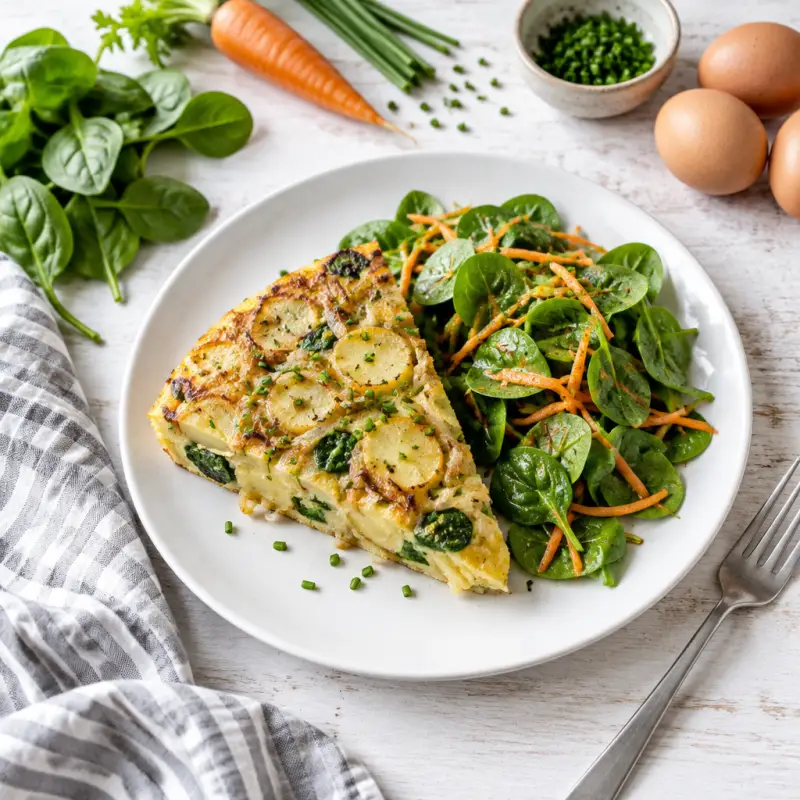 Spanish Potato & Onion Frittata with Spinach Salad, plated