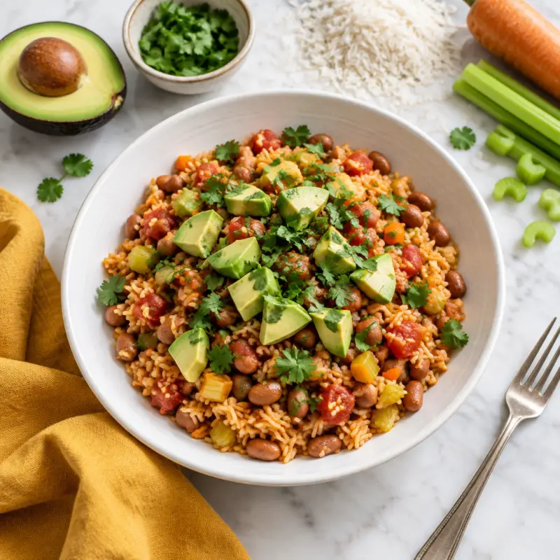 Spanish Rice with Pinto Beans, Tomatoes, Avocado & Cilantro, plated