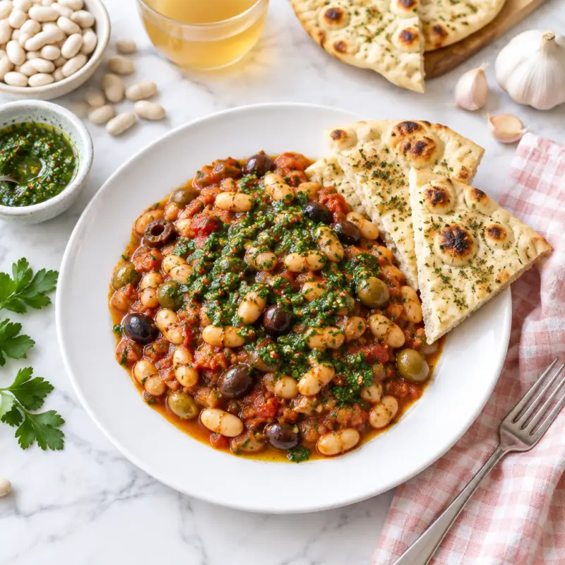 Spanish-Style Baked Beans with Olives, Parsley Chimichurri & Flatbread, plated