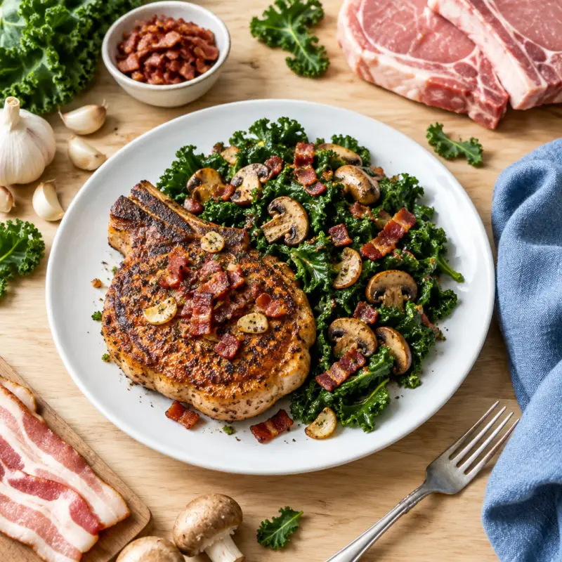 Spice-Rubbed Pork Chop with Garlicky Bacon, Kale & Mushroom Sauté, plated