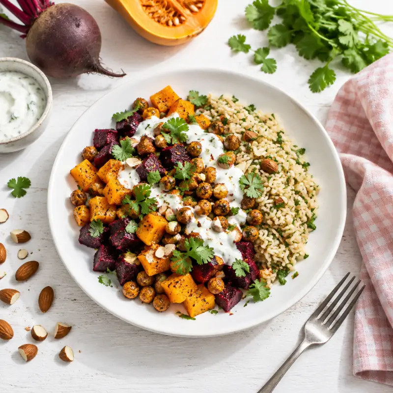 Spiced Beet, Butternut & Chickpea Bowl with Rice Pilaf & Lemon Yogurt, plated
