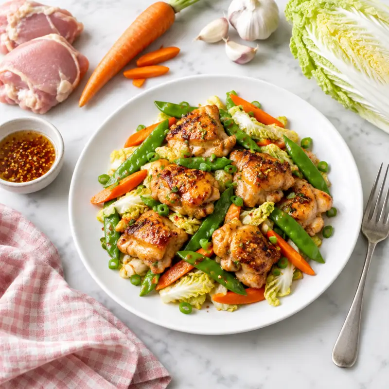 Spiced Honey Chicken with Sauteed Snap Peas, Carrots, & Cabbage, plated
