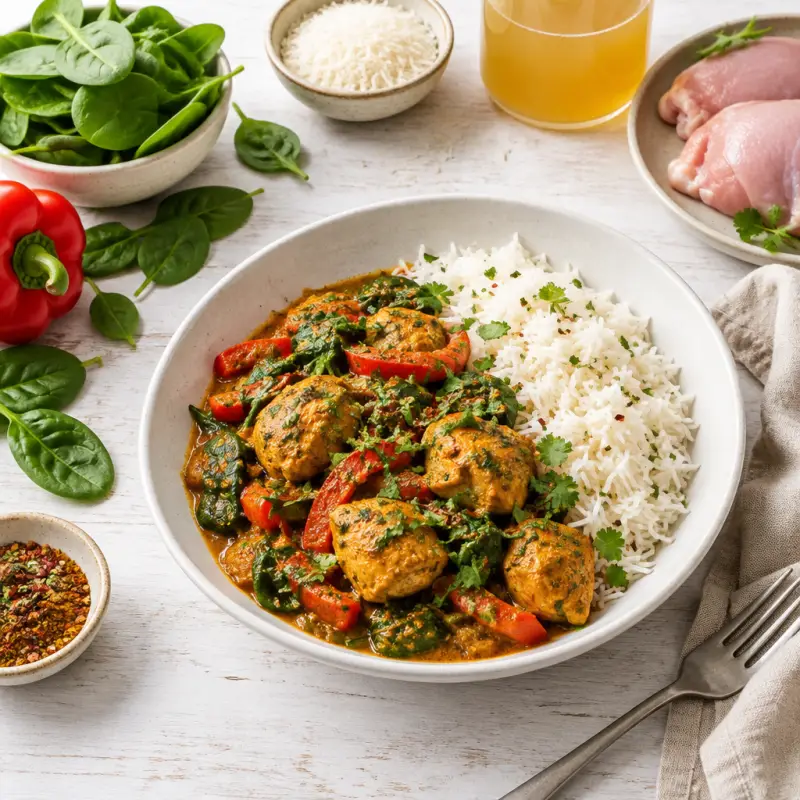 Spiced Pakistani-Style Chicken Curry with Bell Pepper, Spinach & Rice, plated