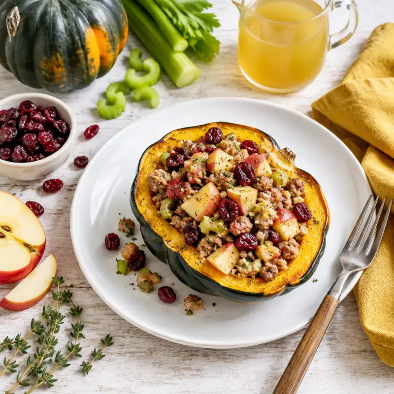 Spiced Pork, Apple, Celery & Cranberry Stuffed Acorn Squash, plated
