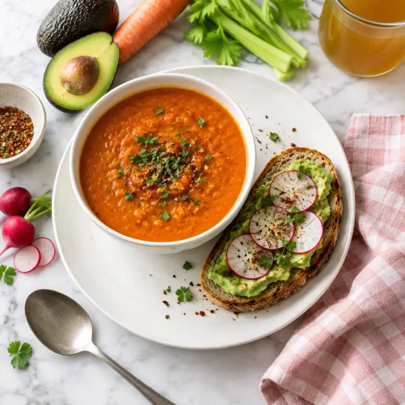 Spiced Red Lentil, Carrot & Tomato Soup with Guacamole-Radish Toast, plated