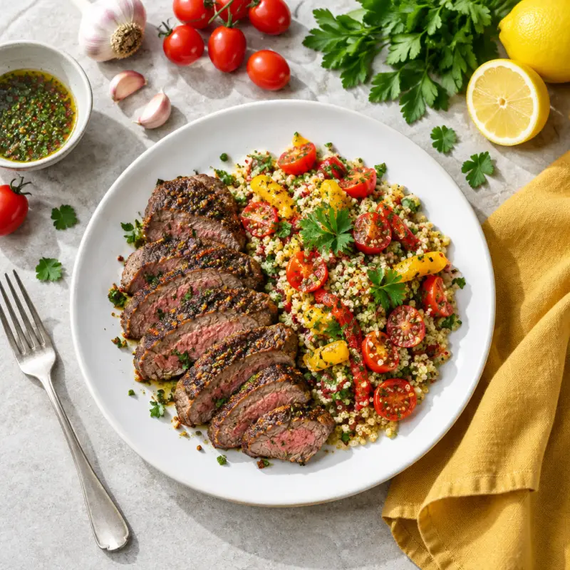 Spiced Sirloin with Quinoa, Sweet Pepper, Tomato, & Herb Salad, plated