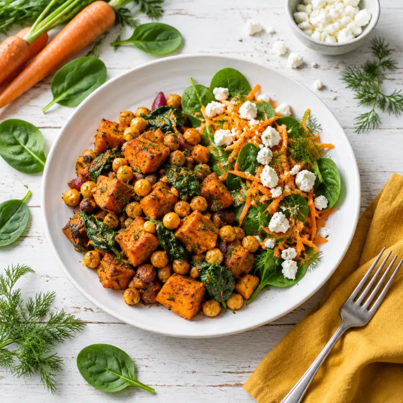 Spiced Sweet Potato-Chickpea Bake with Spinach, Carrot & Feta Salad, plated