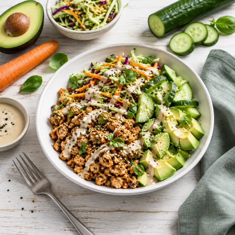 Spiced Turkey Bowl with Basil Slaw, Cucumber, Avocado & Sesame Sauce, plated