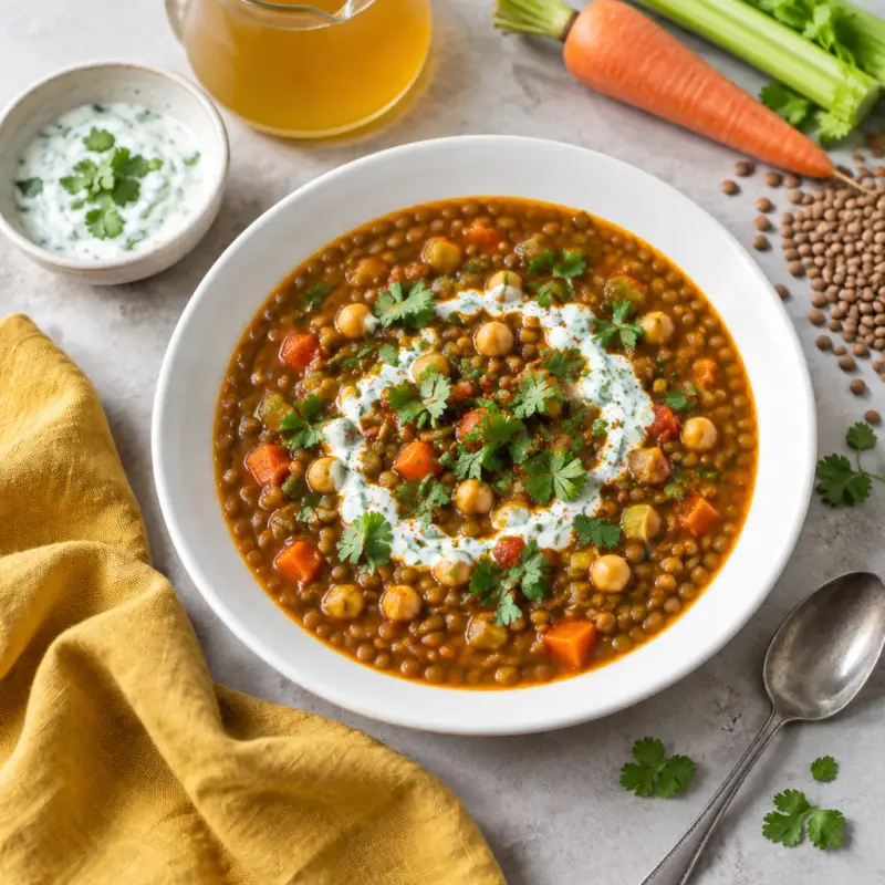 Spiced Veggie, Lentil & Chickpea Soup (Harira) with Cilantro Yogurt, plated