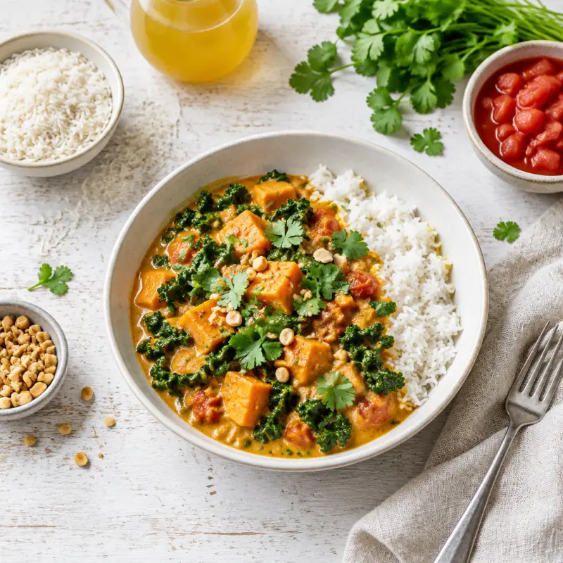 Spicy African Peanut Curry with Sweet Potato, Kale, Cilantro & Rice, plated