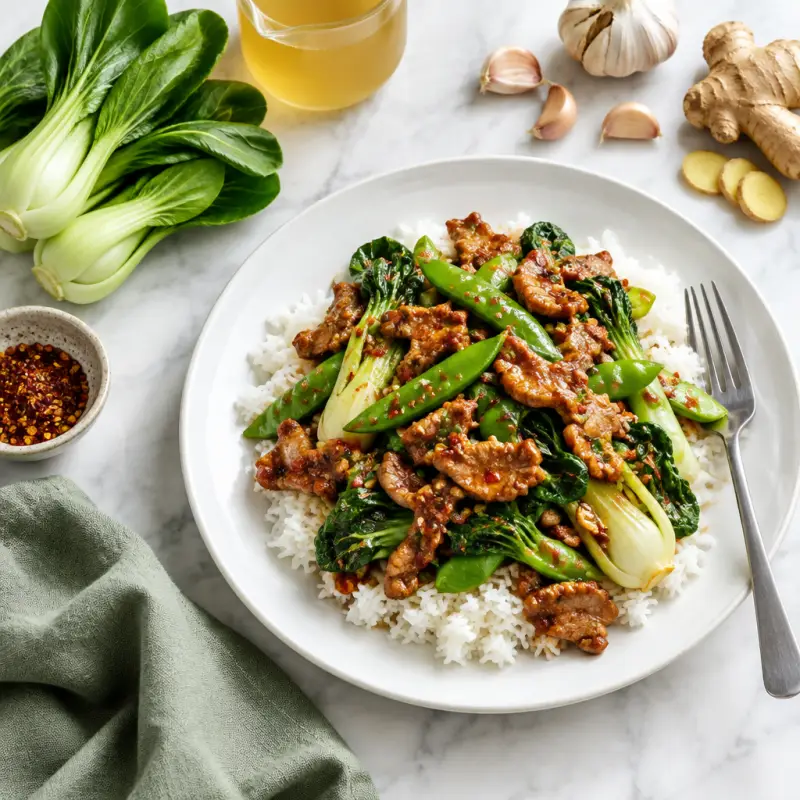 Spicy Asian Pork, Bok Choy & Snap Pea Stir-Fry over Jasmine Rice, plated