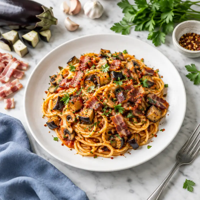 Spicy Bacon, Eggplant & Mushroom Pasta (Amatriciana) with Parsley, plated