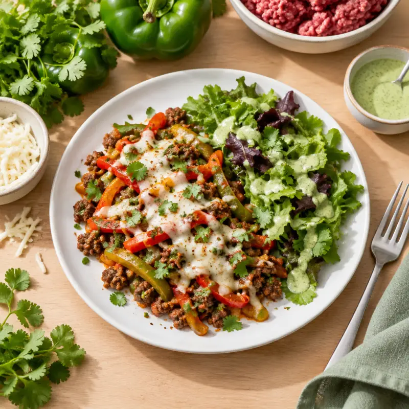 Spicy Beef Bell Peppers with Cheese, Mixed Greens & Cilantro Dressing, plated
