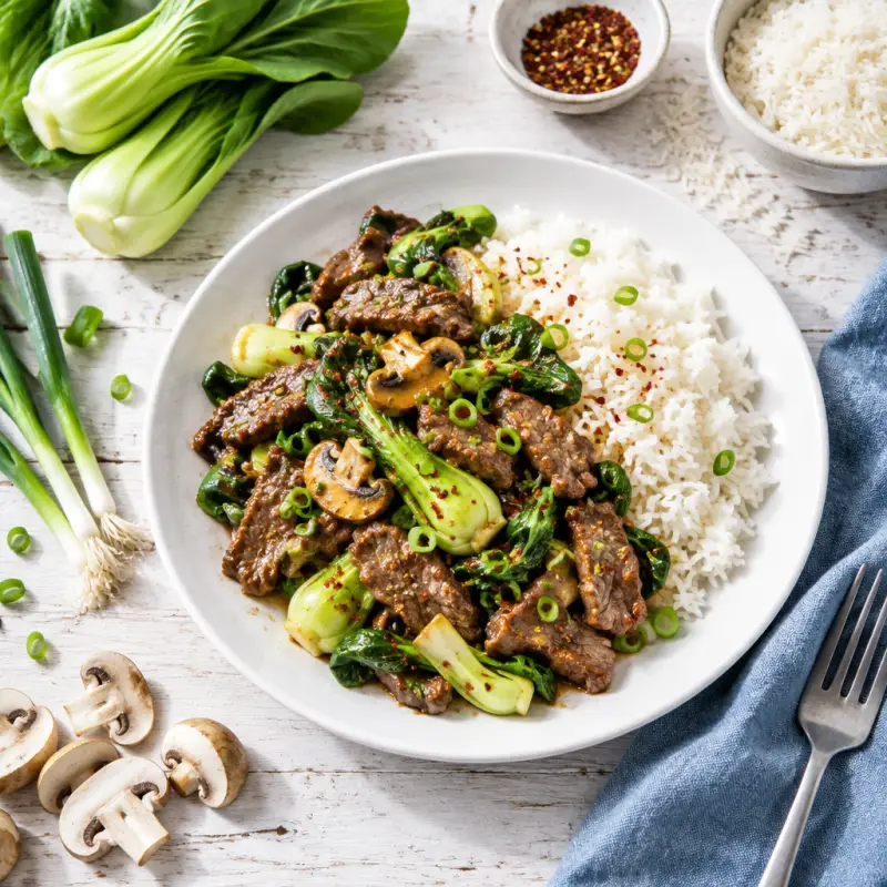 Spicy Beef, Bok Choy & Mushroom Stir-Fry with Jasmine Rice, plated