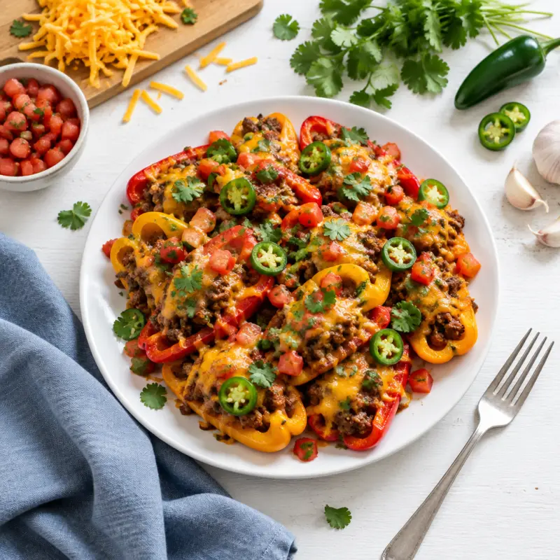 Spicy Beef & Cheddar Bell Pepper "Nachos" with Tomatoes and Jalapeños, plated