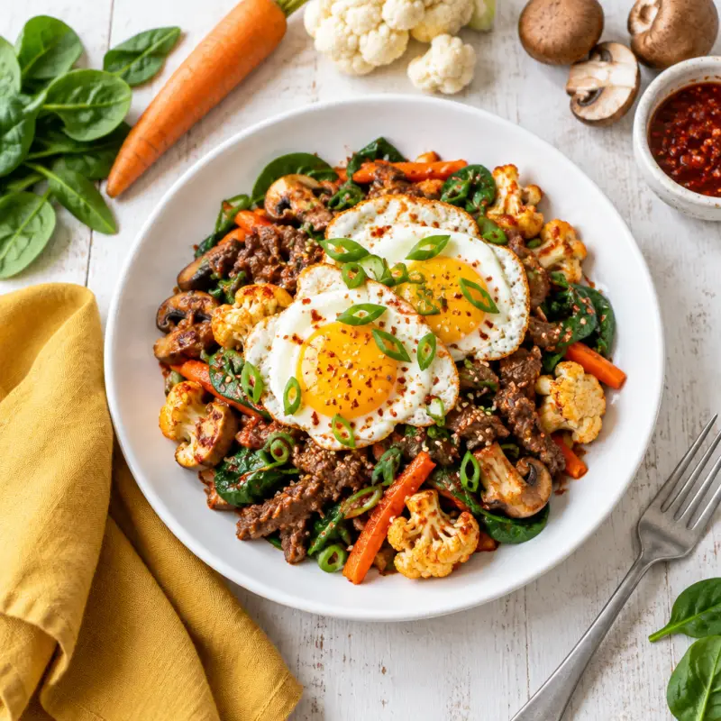 Spicy Bibimbap Style Cauliflower Stir-Fry with Beef, Veggies & Eggs, plated