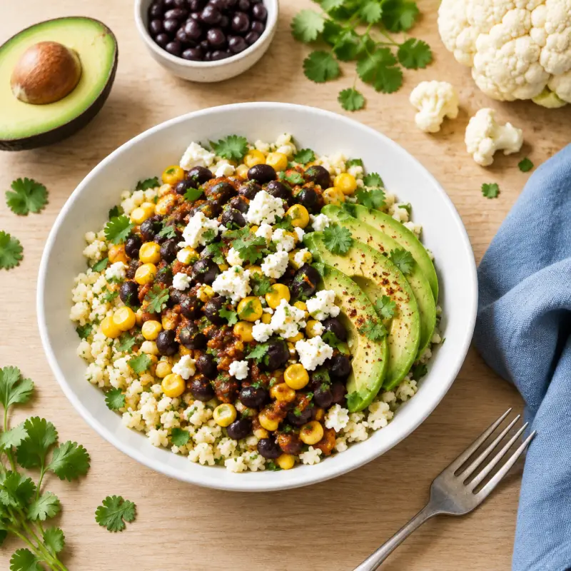 Spicy Black Bean Cauliflower Rice Bowl with Corn, Avocado & Feta, plated