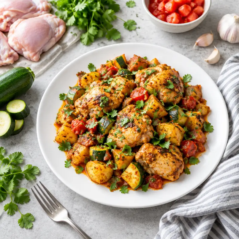 Spicy Bombay Chicken Skillet with Potato, Tomato, Zucchini & Cilantro, plated
