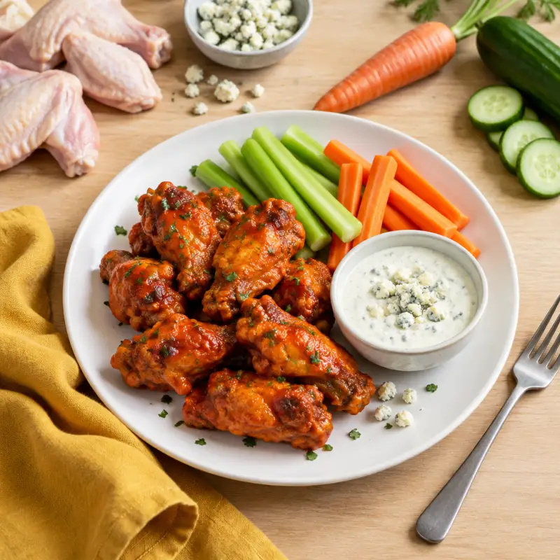 Spicy "Buffalo" Wings with Veggie Sticks & Blue Cheese Dressing, plated