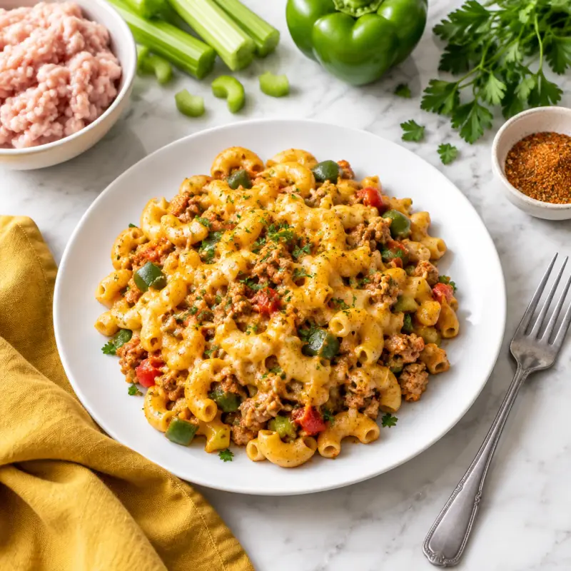Spicy Cajun Macaroni with Ground Chicken, Veggies & Cheese, plated