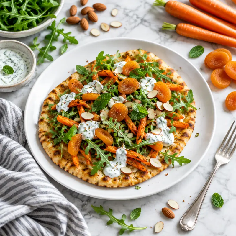 Spicy Carrot Flatbread with Arugula, Apricots, Almonds & Minted Yogurt, plated
