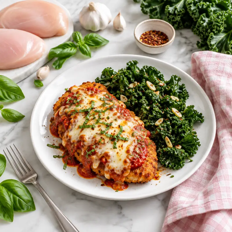 Spicy Chicken Parmesan with Sautéed Garlicky Kale, plated