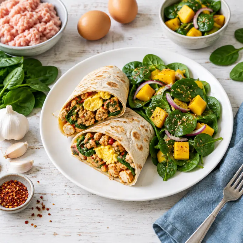 Spicy Chicken & Scrambled Egg Wrap with Mango-Spinach Salad, plated